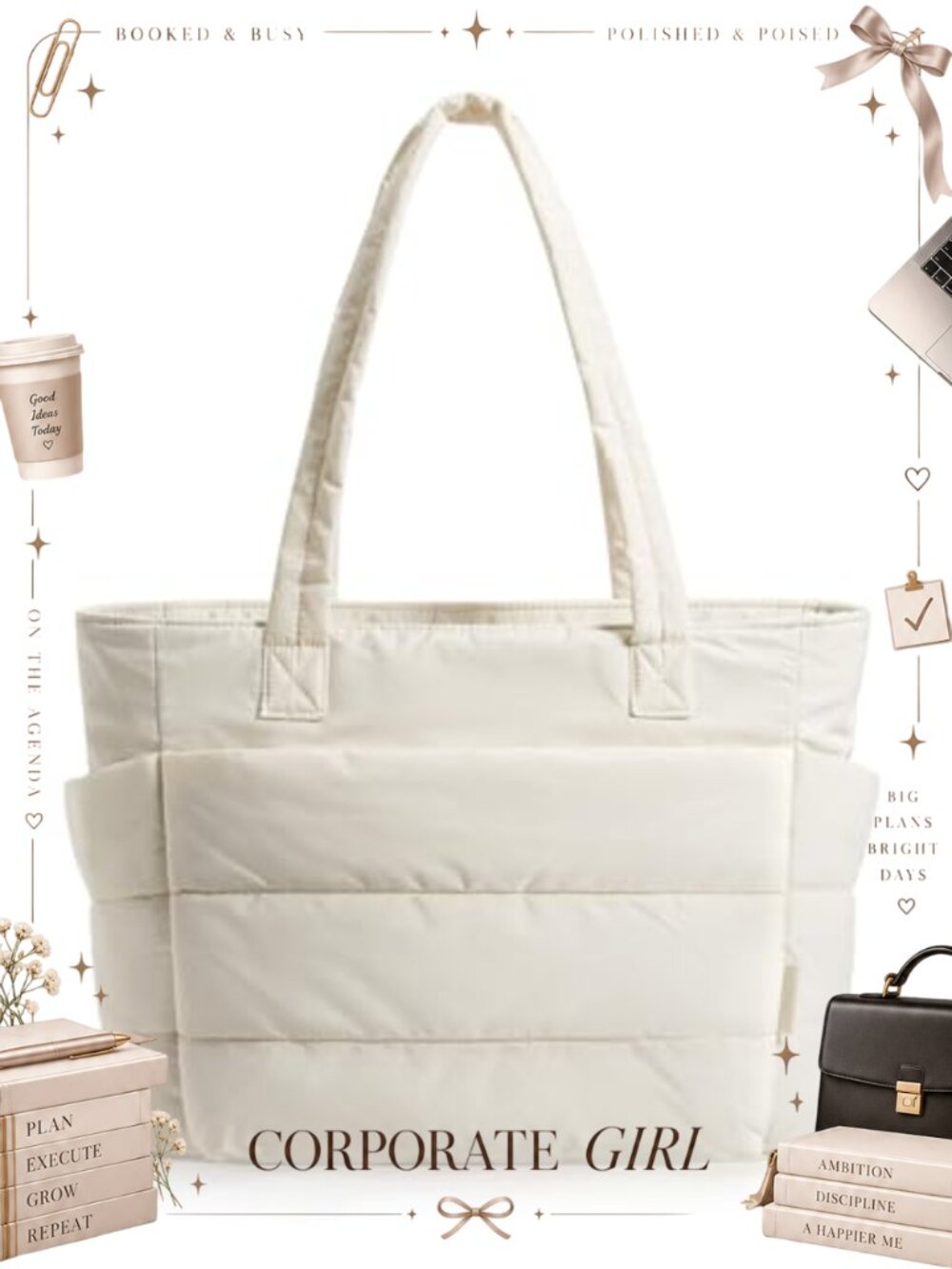 Puffy Tote Bag Lightweight Work Shoulder Handbag Fits 15.6 Laptop